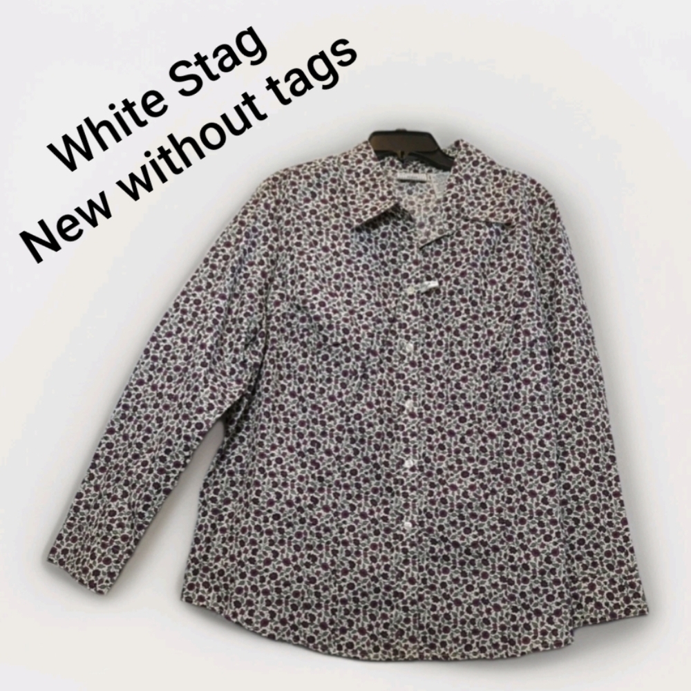 White Stag Women Button-Up Collared Shirt Long Sleeve Floral Print Blouse NEW 2X